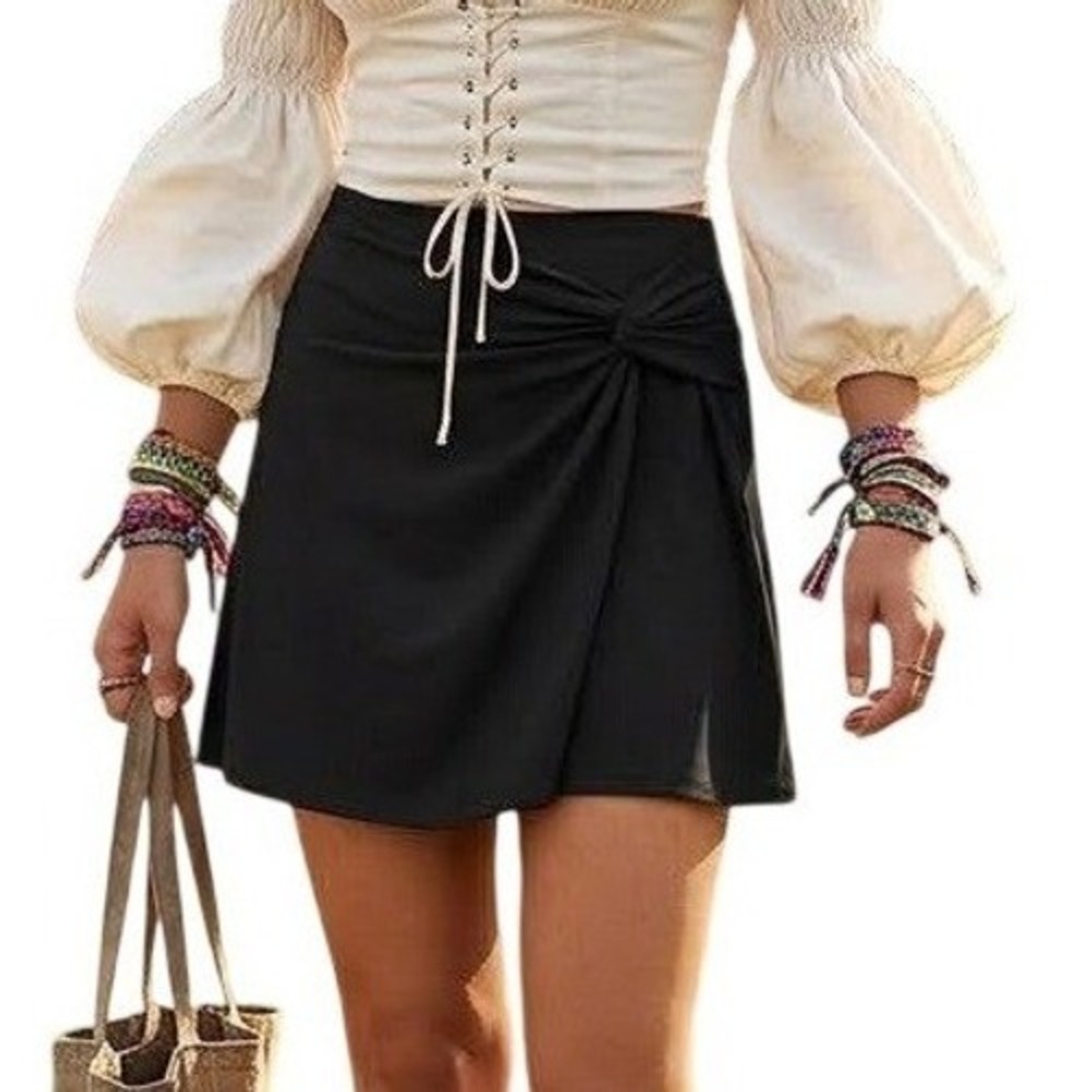 Halogen Mini Skirt Womens Small Black Front Knot Draped Stretch Jersey
